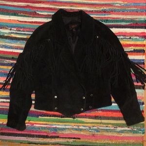 Black Genuine Suede Leather Jacket with Fringe